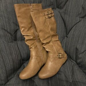 Classic Over-the-Knee Buckled Boots in Camel